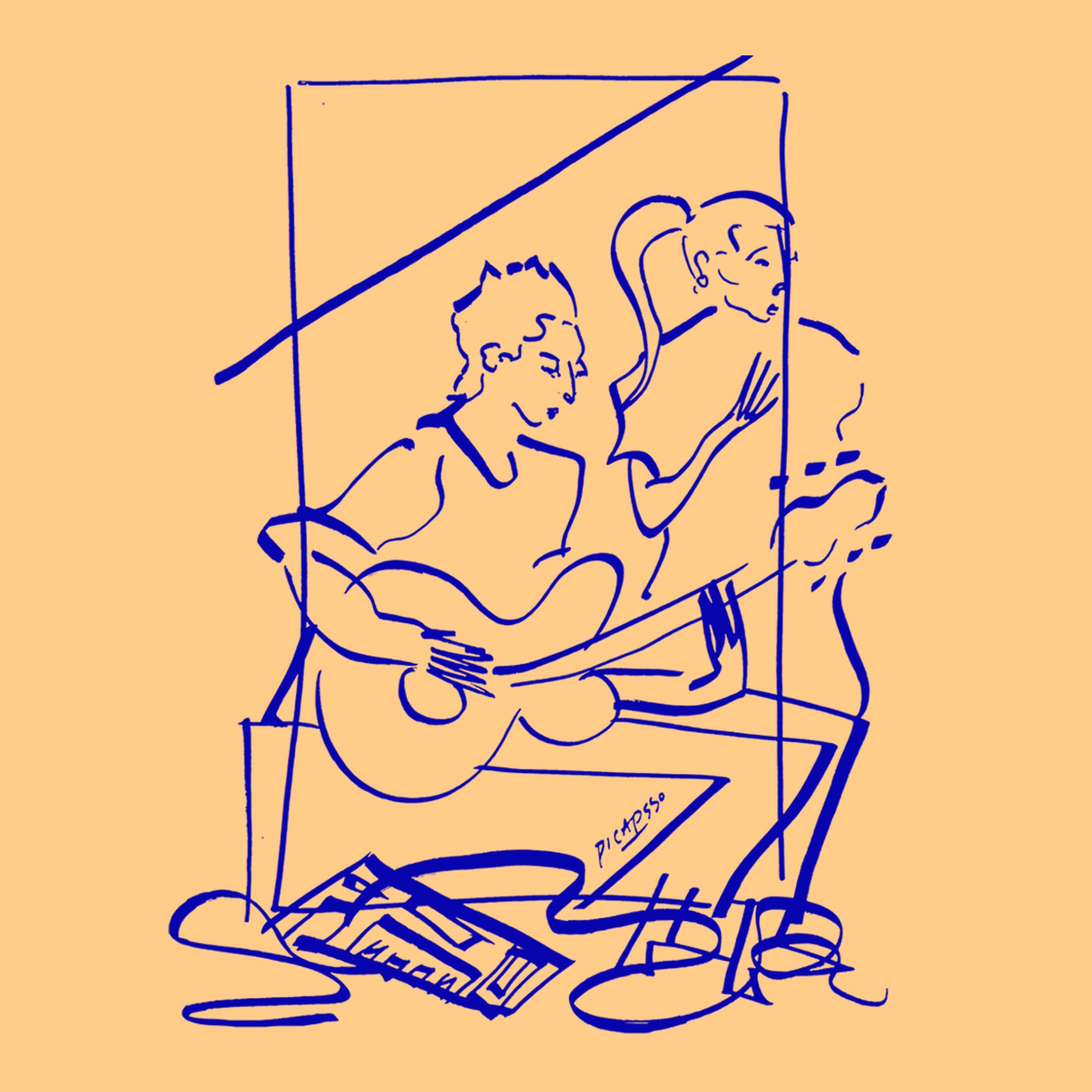 Two sketched figures with a guitar on a peach background, with dynamic blue lines.