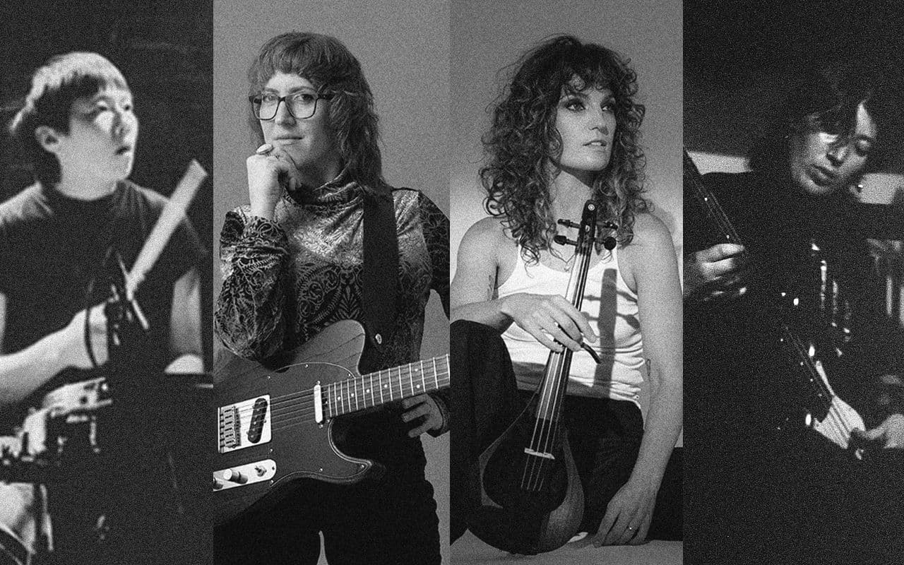 a collage of 4 poeple with their instruments